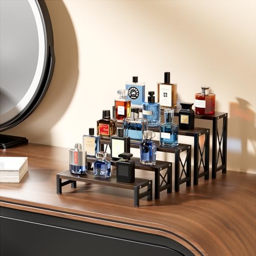 Stackable Wooden Cologne Organizer for Men, 5-Tier Tray Risers Display Makeup Perfume Organizer for Women, Wood Cupcake Stand, Buffet Shelf, Dessert Food Risers, Figure Collectible Stand