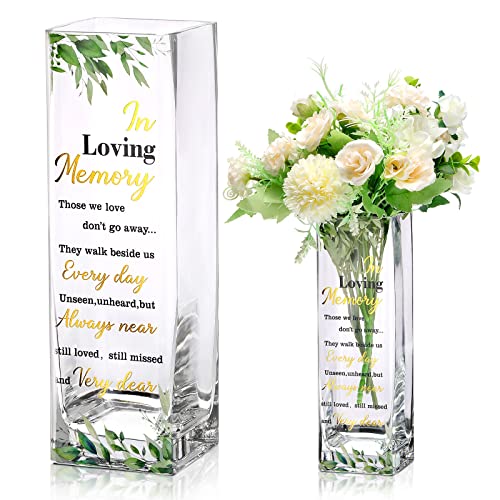 Hoolerry Botanical Theme Memorial Glass Vase with Sympathy Verse, Clear, Rectangular, 3.15 x 3.15 x 9.84 Inches, Decorative Flower Vase for Funeral, Memorial Parties, Table Top Centerpiece
