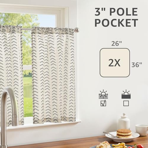 jinchan Boho Linen Blend Kitchen Curtains 36 Inch Length Herringbone Printed Tier Curtains for Small Windows Bathroom Cafe Laundry Room Set of 2 Rod Pocket Black on Linen - color: Arrow | Black on Linen, size: 26"W x 36"L (Pack of 2)