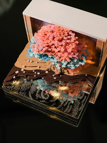 3D Creative Time Piece Calendar 2026 Desk Weekly Calendar Decoration with LED Light and Acrylic Case, Paper Sculpture Non-stick Notes, Paper Carving Art Craft Chirstmas Gift (Tree House) - color: blossom treehouse with LED lighting