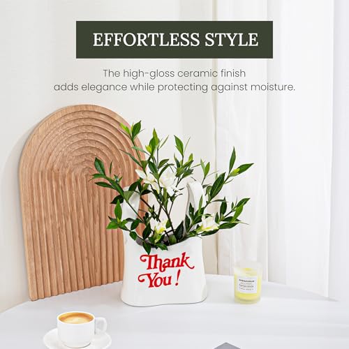 Handmade Ceramic Bag Flower Vase with Red “Thank You” Print | Glossy White Purse Vase for Modern Home Decor, Mantel, Kitchen, Living Room, Table Centerpiece