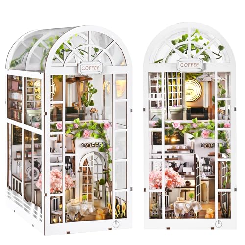 TOYQI Book Nook Kit, DIY Miniature Dollhouse Kit for Adults and Teens, Booknook Tiny House Kit Bookshelf Decoration 3D Wooden Puzzle Bookend - style: Coffee Garden