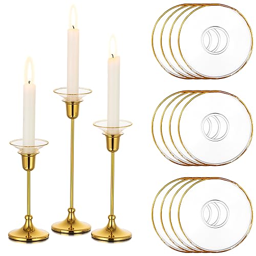 Glasseam Candle Drip Protectors for Candle Stick Candle Holder, Gold Rim Glass Bobeches for Candlesticks Set of 12, Round Wax Catchers for Candles, Taper Candle Holders for Table Centerpiece Wedding - color: Gold Rim, size: Flat-12pcs