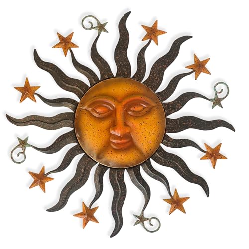 LIFFY 24" Sun Face Metal Wall Art for Outdoor Decor - Solar Themed Hanging Sculpture, Weather-Resistant Garden Patio Wall Décor, Farmhouse Home Accent Gift (Antique Bronze Finish) - color: Sun Face