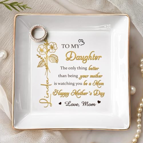 Personalized Birth Month Flower Jewelry Dish, To My Daughter Trinket Tray, Mothers Day Birthday Gifts for Daughter, Custom Floral Name Ring Dish For Wedding, Ring Holder - color: To My Daughter