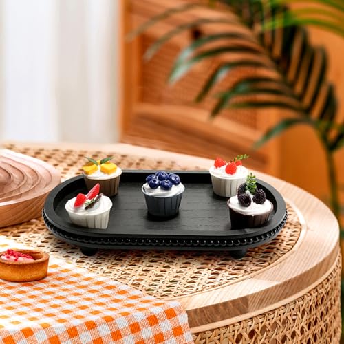 SYNCVIBE Wooden Decorative Tray for Home Decor, Beaded Black Oval Tray Decor for Coffee Table, Rustic Wood Serving Trays Farmhouse Centerpieces for Living Room Kitchen Counter (Black Oval) - color: Black