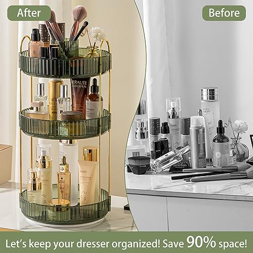 shuang qing Rotating Makeup Organizer for Vanity, High-Capacity Skincare Clear Make Up Storage Perfume Organizers Cosmetic Dresser Organizer Countertop 360 Spinning (Green, New-3 Tier) - color: Green, size: New-3 Tier