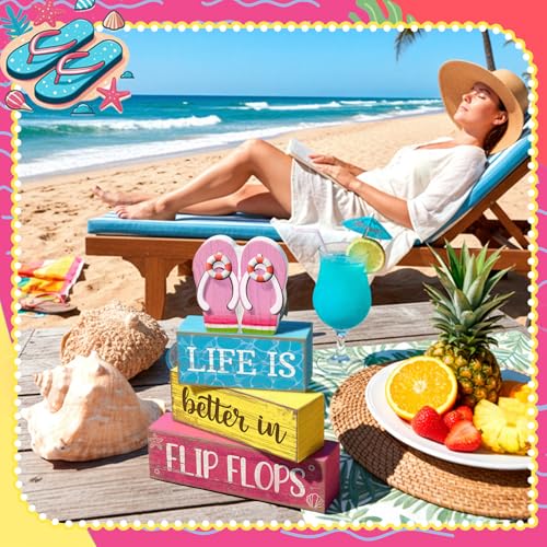 Yuntau 4 Pcs Summer Decorations for Office Hawaii Table Decorations Wooden Sign Flip Flops Table Centerpiece Summer Tiered Tray Decor Decorative Faux Book Stack Block for Coffee Mantel Floating Shelf - style: Pink Flip Flops