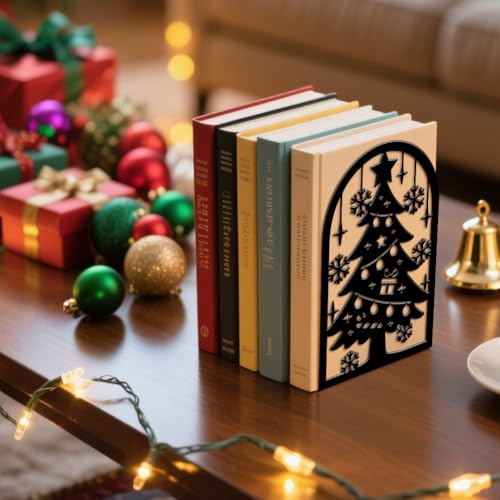 Peacoblue Metal Bookends for Shelves, Modern Decorative Heavy Duty Study Book Ends Stoppers for Office, Desk, Shelf, Room 5.3"x4.3"x7.9" Cast Iron Simple Tall Bookends 1 Pair (Christmas Tree) - style: Christmas Tree