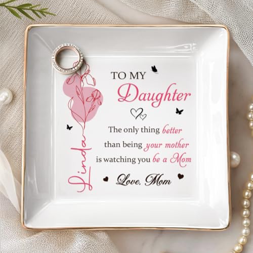 Personalized Jewelry Dish With Birth Month Flower, To My Daughter Ring Dish, Mothers Day Birthday Gifts for Daughter, Custom Floral Name Trinket Tray For Wedding, Ring Holder - color: Style 5