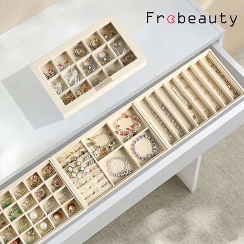 Frebeauty Stackable Jewelry Trays, Velvet Drawer Jewelry Organizer with Glass Lid,5 in 1 Multi-Functional Jewelry Storage for Earrings Necklaces Rings, 10.5 x 6.5 x 5.55 Inches Gift for Women(Beige) - color: Beige, size: Set5-A