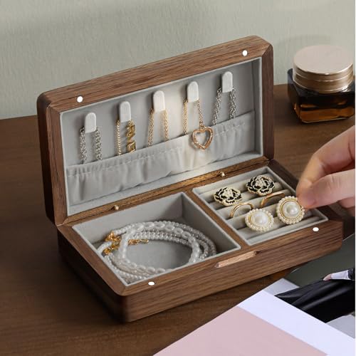 LadyRosian Wooden Small Jewelry Box - Mini Wood Travel Jewelry Case Portable Organizer for Rings, Earrings, Necklaces & Bracelets Storage Women Girls Men,Black Walnut - color: Black Walnut