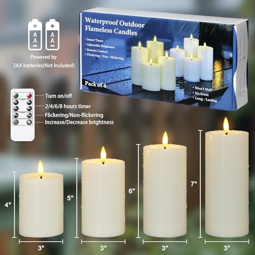 Yeelida Outdoor 4pcs Flameless Waterproof Candles with Handy Remote Control, Cycle Timer Battery Operated Candle Grease Effect LED Flickering Pillar Plastic Long Lasting (Ivory, 3" x4" 5" 6" 7") - color: Ivory, size: 4" 5" 6" 7"