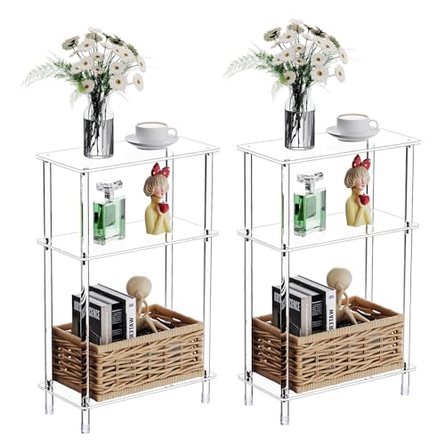 Clear Acrylic Narrow Side Table Set of 2 for Small Spaces, 15.75" L x 7.87" W x 24.6" H, 3 Tier Rectangle Slim End Table Nightstand, Small Bedside Table for Bedroom, Bathroom, Living Room - size: 3 Tier 2-Pack