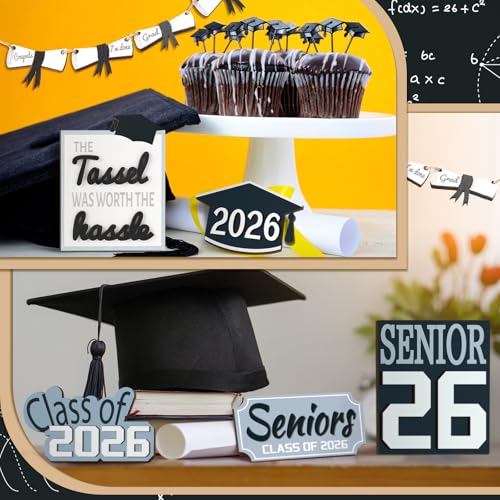 10 Pcs Graduation Tiered Tray Decor Set Senior Class of 2026 Table Decorations Senior Hat Gown Wood Sign for Tiered Tray and So the Adventure Begins Graduation Gifts for College Students - style: Graduation