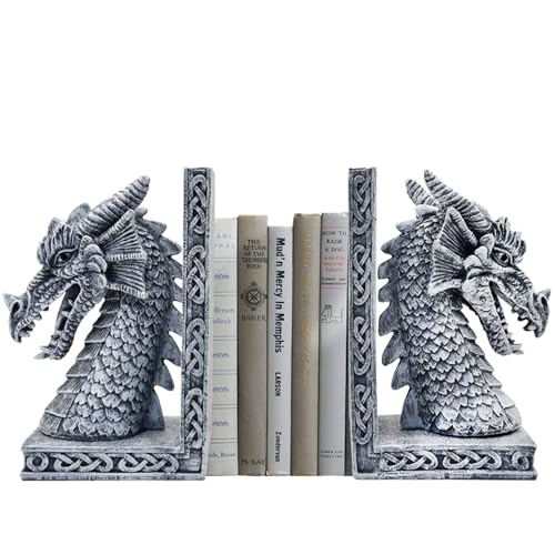 Dragon Bookends for Shelves Set of 2 - Heavy Book Ends Book Supports for Shelves - 4.15 "x 3.25 "x7 Unique Dragon Design Grey（10 Inch - color: Gray