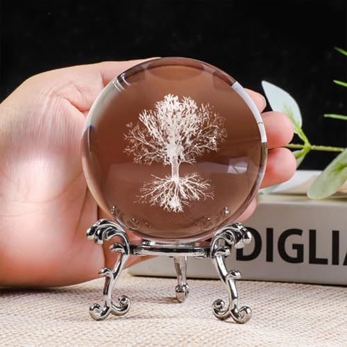 6cm Engraved Decor Sphere with Silver Metal Stand - Life Tree Tabletop Ornament