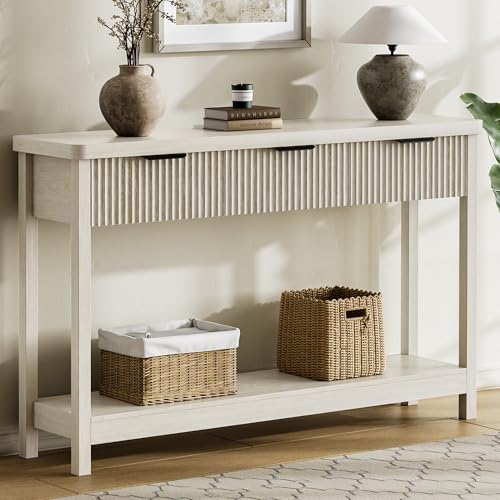 Lulive 51" Fluted Console Table for Entryway, Wooden Entryway Table with 3 Wooden Drawers, Farmhouse Behind Sofa Table for Living Room, Hallway, Couch, Foyer - color: Grey White