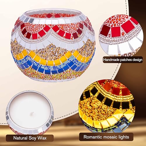Rancco Handmade Mosaic Glass Tealight Candle Holder Set - 4 Pack with 10.5 oz Long-Lasting Soy Wax Scented Candles - Perfect Aromatherapy Gifts for Women, Moms, Birthdays, Spa Days, and Christmas - color: CC Multi-color