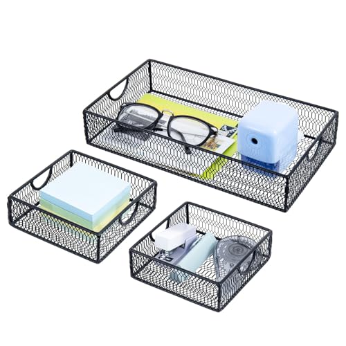 MyGift Modern Geometric Diamond Pattern Black Metal Wire Tabletop Organizer Trays, Office Desk Supplies Nesting Bins, Makeup Accessories Drawer Storage, 3 Piece Set - color: Black