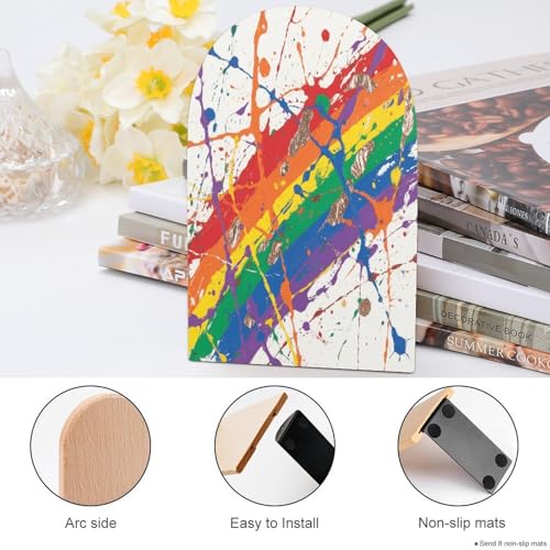 Colorful Paint Splatter Art Bookend for Shelves Study Wood Bookend Support Heavy Duty Book End Non-Skid Decorative Book Stopper Book Organizer for Home Office Desktop Organizer 1 Pairs