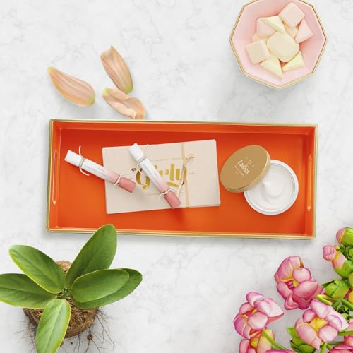 Orange Bathroom Vanity Tray for Countertop, Small Plastic Toilet Tank Versatile Storage & Organization Tray for Makeup, Perfume, Desk, Kitchen, Candles, 13.7"x6"x1.4", 35O - color: 15orange