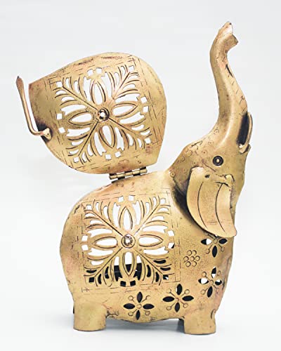 eTroves Metal Tealight Holder, Handmade Decorative Elephant Tea Light Candle Holder for Home, Farmhouse, Living Room, Patio, Decorations, 8 Inch, Golden