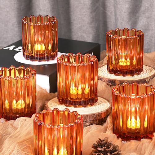 HAVITI Glass Amber Votive Candle Holder, Ribbed Votive Candle Holders Set of 12, Tealight Candle Holder for Wedding Centerpieces Dinner Party Table Decor - color: Amber