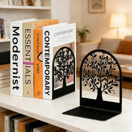 Book Ends, Metal Bookend, Tree of Life Bookend for Shelves, Home Decorative Bookends for Heavy Books, Black Non-Skid Book Stopper, 7 x 5.5 x 3.5 inch (1 Pair)