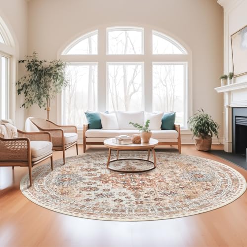 zesthome 8ft Round Rugs for Living Room, Non-Slip Washable Round Area Rugs, Ultra-Thin Large Circle Rugs, Soft Low Pile Rug for Bedroom, Kitchen - Vintage Stain Resistant Round Rug (Orange,8'x8') - color: Orange, size: 8' (Round)