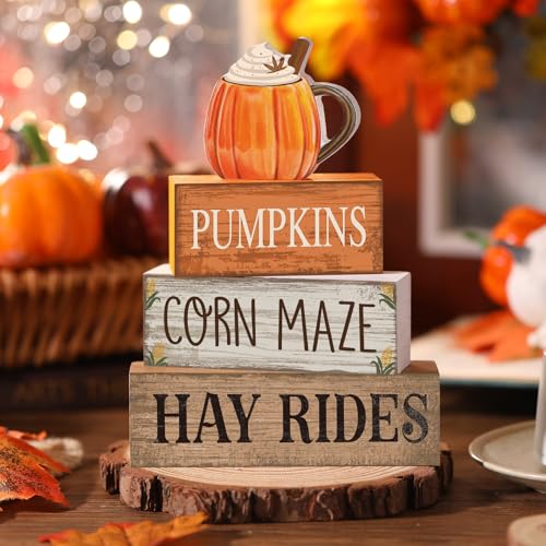 Lineshading 4 Pcs Thanksgiving Decorations for Home Thanksgiving Tiered Tray Decor Fall Cream Cups Table Decor Fall Centerpiece Rustic Cream Cups Block Sign Autumn Decorations for Home Kitchen Shelf - style: Cup