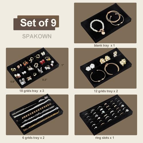 SPAKOWN Jewelry Drawer Organizer Inserts Set of 9, Jewelry Trays for Drawers Velvet Jewelry Organizer Tray Drawer Jewelry Organizers and Storage for Earring Ring Necklace Watch Bracelet (Black) - color: Black