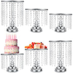 Bokon 6 Pcs Crystal Cake Stand Round Dessert Cupcake Holder Metal Stand Table Cake Pedestal with Crystal Pendant Wedding Bead Dessert Cupcake Pastry Display Plate for Wedding Birthday Party (Silver) - color: Silver