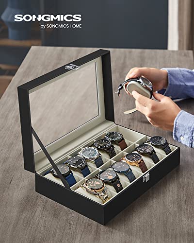 SONGMICS Watch Box, 12-Slot Watch Case Organizer with Large Glass Lid, Removable Pillows, Gift for Loved Ones, Black Synthetic Leather, Greenish Beige Lining UJWB12BE - color: Black + Greenish Beige, size: 12 Slot