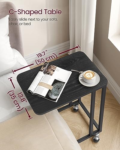 VASAGLE End Table, C Shaped TV Tray with Metal Frame Rolling Casters for Coffee Laptop Mobile Tablet, Industrial Side Table for Living Room Bedroom, 19.7 x 13.8 x 23.6 Inches, Ebony Black, ULNT050B56 - color: Ebony Black