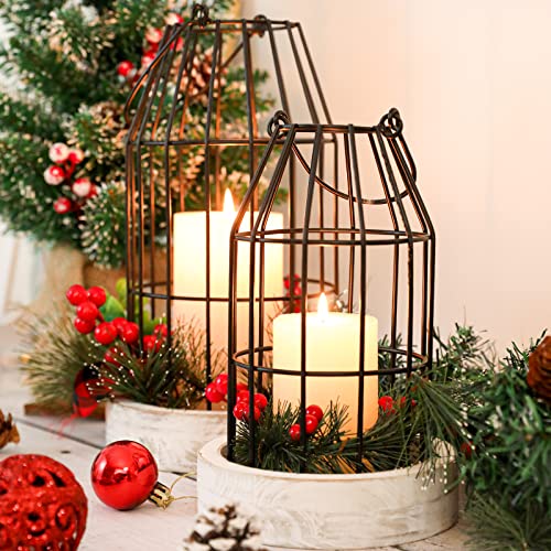 Rustic Wire Metal Cloche Set of 2 Candle Lantern Decorative Indoor Outdoor Vintage Cage Candle Holders Modern Farmhouse Decor for Fireplace Mantle Entryway Living Room Kitchen Dining Table Centerpiece - color: Black/White