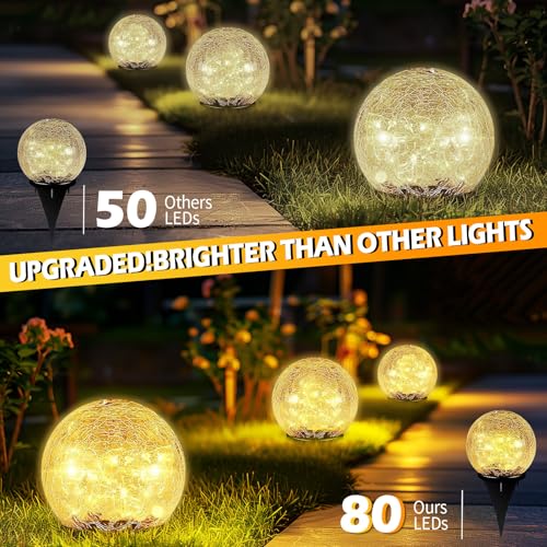 Garden Solar Ball Lights Outdoor Waterproof, 80 LED Cracked Glass Globe Solar Power Ground Lights for Path Yard Patio Lawn, Halloween Christmas Decoration Landscape Warm White(2 Pack 5.9'') - size: 5.9 Inch