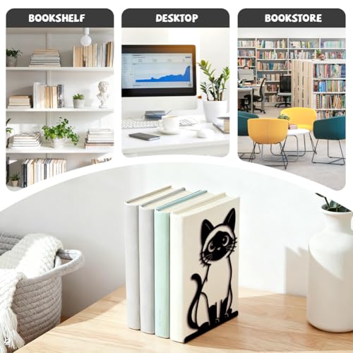 Peacoblue Metal Bookends for Shelves, Modern Decorative Heavy Duty Study Book Ends Stoppers for Office, Desk, Shelf, Room 5.3"x4.3"x7.9" Cast Iron Simple Tall Bookends 1 Pair (Siamese Cat) - style: Siamese Cat