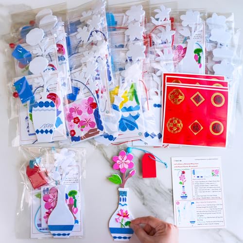 Winlyn 24 Sets Chinese New Year Decorations DIY Ming Vase with Flower Ornaments Craft Kits Peony Orchid Flower Foam Stickers Arts and Crafts for Kids Asian Oriental Classroom Activities Party Favors