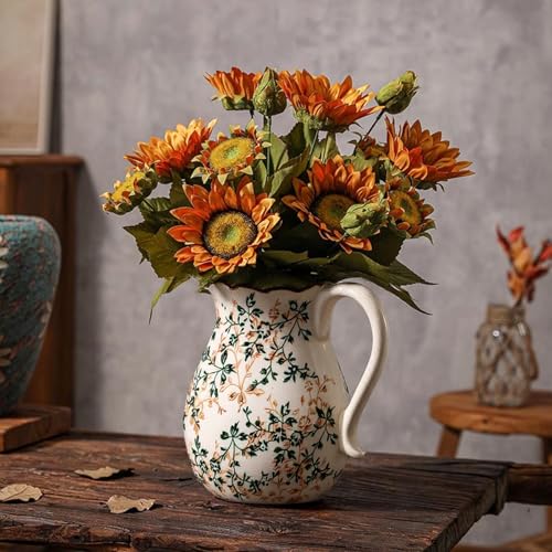 Ceramic Vintage Flower Vase with Handle, Green and Beige Rustic Farmhouse Pitcher Vase for Home Decor, Living Room, Bookshelf, Table Centerpiece 8 Inch