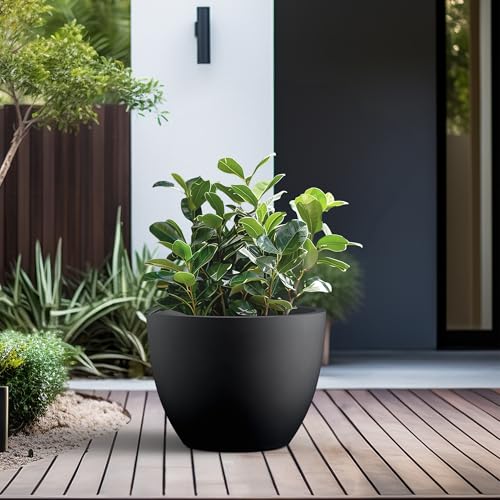 Kante 17.3 Inch Round Concrete Planter - Classic Large Indoor/Outdoor Plant Pot with Drainage Hole and Rubber Plug, Suitable for Gardens and Patios, Black - color: Black, size: 17.3"Dia x 13"H