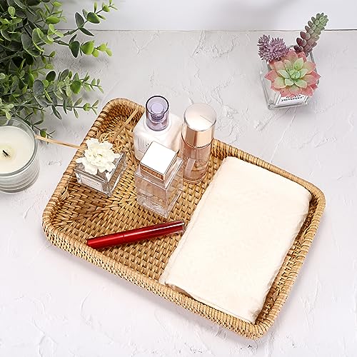 Hipiwe Rattan Serving Tray Hand Woven Tray with Handles Rattan Rectangular Basket Trays for Storage Breakfast Dessert Fruit Decorative Trays for Coffee Table, 11.8x7.9x1.8inch - color: Natural Color, size: 11.8" x 7.8" x 1.9"