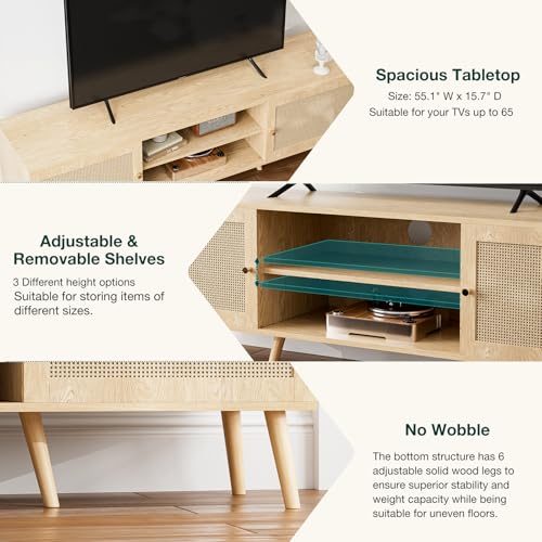 TV Stand for TVs up to 60 Inch, Modern Entertainment Center with Storage, Media Console Table with 2 Cabinets & Shelves, Wooden TV Stand for Living Room Bedroom, Natural - color: Natural