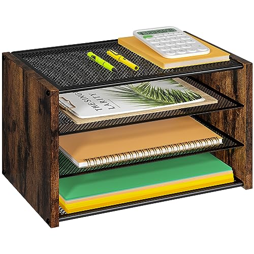 3-Tier Paper Letter Tray, Wooden Desk File Organizer, Stackable Metal Mesh Desk Organizer for Office Supplies. Small Paper Trays for Home Office School, Rustic Brown