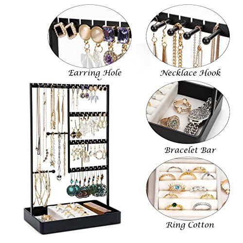 Jewelry Organizer, 4-Tier Earring Holder Organizer with Metal Tray, Jewelry Holder Stand for Necklaces Stud Earrings Bracelets and Rings, Earring Organizer - color: Black