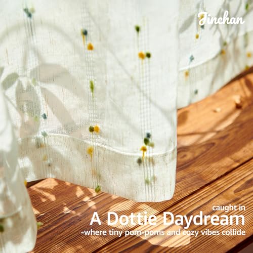 jinchan Semi Sheer Kitchen Curtains for Window 24 Inch Mini Pom-Pom Voile Tier Curtains Light Filtering Small Drapes for Bedroom Living Room Rod Pocket 2 Panels Sunlit Grove - color: Dottie Sunlit Grove, size: 26"W x 24"L (Pack of 2)