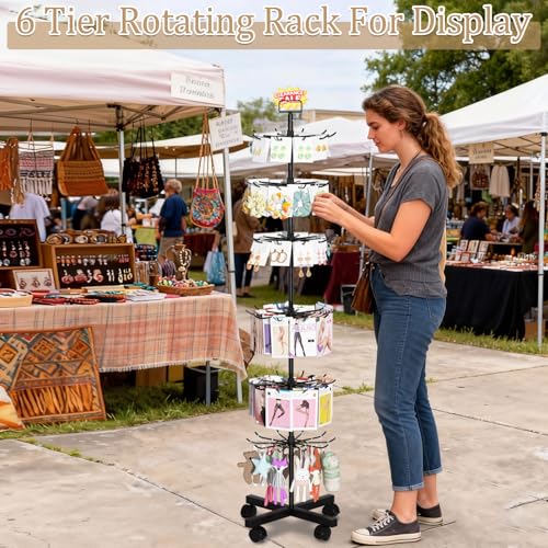 Retail Display Stand Store Display Rack 6 Tier Metal Spinning Display Stand Rack with Wheels Keychain Jewelry Stocking Hat Stand with Hooks for Malls, Showroom, Retail Store (6 Tier Black) - color: 6 Tier Black