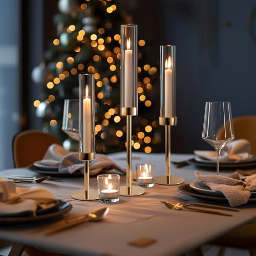 Gold Hurricane Candle Holders, Set of 6 Glass Taper Candlestick Holders Metal Candle Stands Bulk with Glass Cover for Dining Tables Wedding Candelabra Centerpieces Decor - color: Gold
