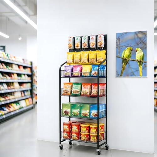 4-Tier Metal Display Rack Large Snack Shelving Unit with Hanging Panels and 12 Hooks 4 Casters for Easy Mobility Freestanding Display Unit Ideal for Supermarkets and Retail Stores (55H*23.68W*10.4D) - size: 55H*23.68W*10.4D
