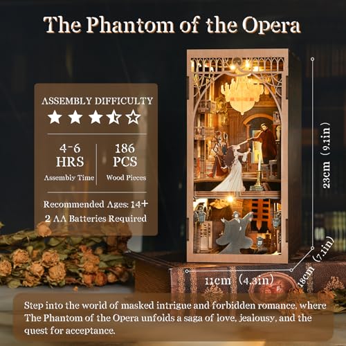 MiniCity DIY Book Nook Kit, Miniature Dollhouse Booknook Kit, 3D Wooden Puzzle Bookend Bookshelf Insert Decor with LED Light for Teens and Adults (Phantom of The Opera) - style: Phantom of The Opera